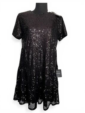 NWT Lulus Taking a Shine Black Sequin Tiered Mini Shift Dress Medium